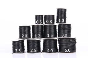 Comparison chart of black round waxed cord in multiple thicknesses for DIY jewelry crafts