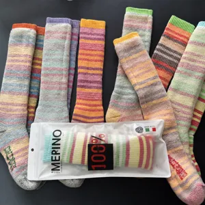 100% Merino wool striped thermal ski socks, thick long winter warm outdoor hiking socks for women.