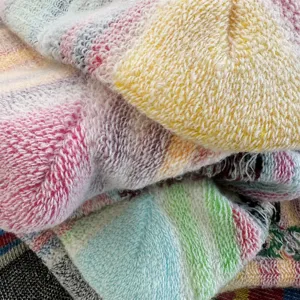 Women thick wool ski socks detail multi color striped thermal terry fabric close up