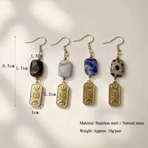 Detailed view of French vintage stainless steel earrings with square natural stones