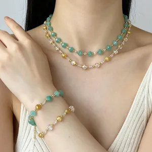 Stainless Steel Natural Stone Beaded Jewelry Set Necklace Bracelet For Women Bohemian Resort Style Fashion Accessory