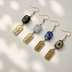 Vintage stainless steel earrings with natural stone beads and sun-moon engraved charms