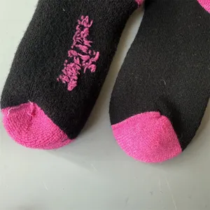 Merino wool thick warm women socks detail, black with pink toe design, soft knit comfort.