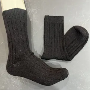 Merino wool ribbed mid-tube socks, solid black cozy winter thermal casual socks for daily wear.