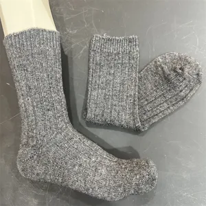Merino wool blend mid-calf ribbed socks, solid grey casual winter warm daily wear detail view.
