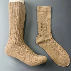 Merino wool knit socks for outdoor hiking, comfortable mid-tube thermal socks with cable pattern.