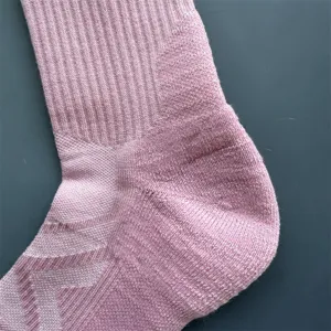 Merino wool athletic hiking socks detail showing cushioned heel, breathable ribbed knit texture.