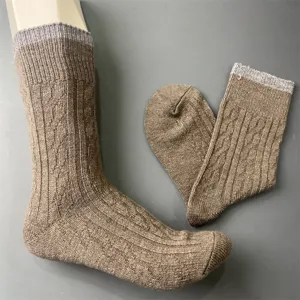 Merino wool knit mid-calf socks detail, comfortable outdoor hiking thermal winter sock.