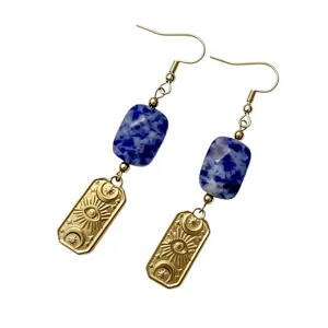 French vintage stainless steel drop earrings with blue marbled stone and eye motif