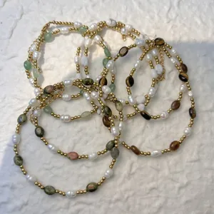 Elegant freshwater pearl and natural stone beaded necklace and bracelet set for women