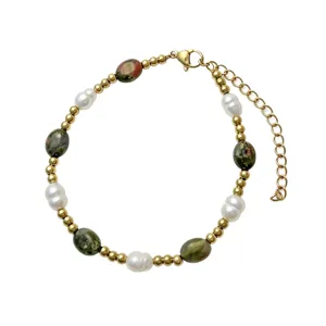 Elegant natural freshwater pearl and stone beaded bracelet with stainless steel beads.
