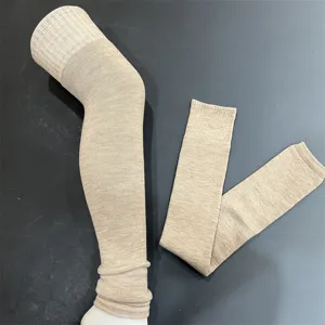 Detailed close-up view of thick ribbed knit long leg warmers in solid khaki, cozy fit.