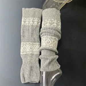 Close-up of grey wool knit leg warmers, showing retro pattern and soft texture details.