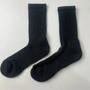 Merino wool thick cushion hiking sock detail shot, dark grey winter athletic crew sock fabric