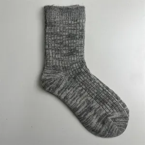 Close-up detail of thickened wool blend mid-tube winter sock, soft and cozy grey texture design.