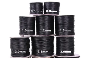 Comparison of various thicknesses for black Korean wax cord from 0.5mm to 3.0mm diameter
