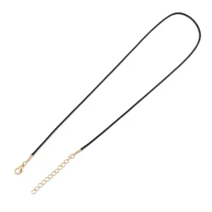 Black waxed cord necklace rope with gold lobster clasp and extender chain for DIY jewelry making.