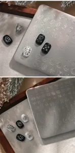 Detail macro of stainless steel nail stamping plate with engraved zodiac symbols.