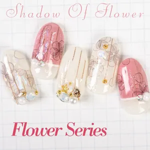 Αυτοκόλλητα νυχιών Shadow of Flower με ροζ και λευκά λουλούδια, πέρλες και πολυτελή σχέδια