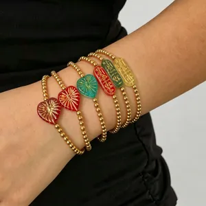 Mode Edelstahl Vergoldet Herz Glas Anhänger Elastische Perlen Armband Vergoldete Runde Perlen Rune Platte Strand Armband Für Unisex Schmuck Geschenk