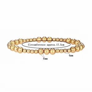 Goldenes Perlenarmband Detail mit 17,5 cm Umfang sowie 4 mm und 6 mm Perlenmessungen.
