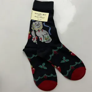 Cute cat pattern cotton mid-calf socks with unique designer style forest illustrations.