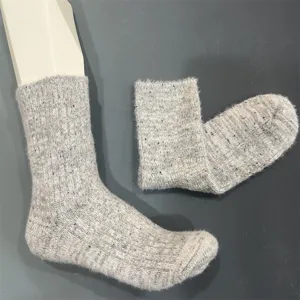 Grey speckled merino wool blend mid-calf socks, cozy fuzzy winter thermal warm casual socks.