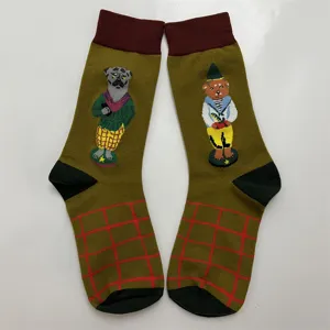 Retro cartoon animal knit crew socks in olive green with cute vintage design and red plaid.