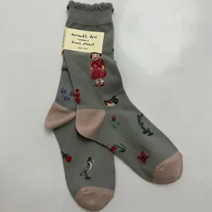 Grey cotton mid-calf socks featuring vintage forest fairy tale prints, pink heels and toes, free size.