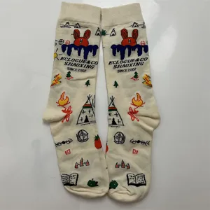 Retro cartoon forest style cotton mid-tube socks, cute vintage casual hosiery for women.