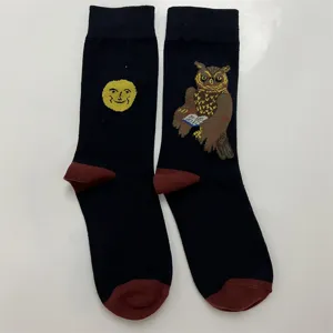 Vintage fairy tale style women mid-calf cotton socks with cute owl and moon knit pattern.