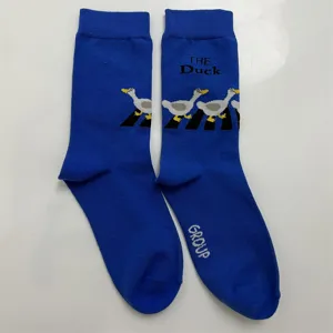 Blue cotton crew socks featuring funny duck crossing road graphic design daily wear women.