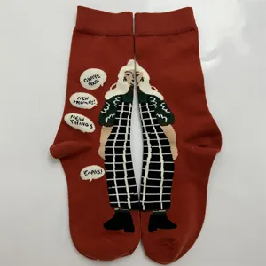 Retro cartoon cotton mid-calf socks detail shot, unique character illustration and vintage red tone.