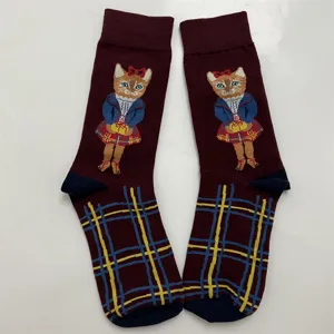 Retro cartoon cat knit mid-tube socks, vintage dark red cotton socks with plaid pattern detail.