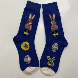 Retro cartoon cotton mid-calf socks for women featuring cute rabbit and floral jacquard design.