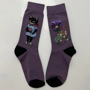 Vintage black cat embroidered cotton mid-tube socks forest style cute casual women socks new