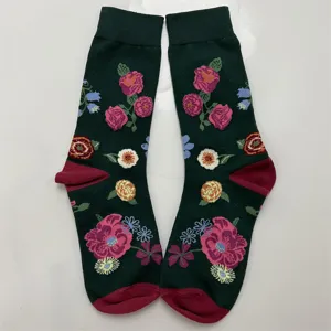 Dark green floral crew socks with vintage pink roses design, comfortable cotton mid-calf socks.