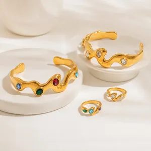 Wavy Ring And Bracelet Set Retro Stainless Steel 18K Gold Plated With Colorful Rhinestones Fashion Finger Jewelry