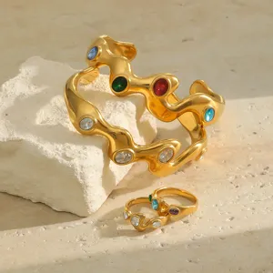 Retro 18K gold-plated wavy stainless steel bracelets and rings set with colorful zirconia