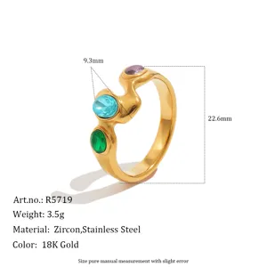 Detailed 18K gold plated stainless steel ring with colorful zircons and size specifications.