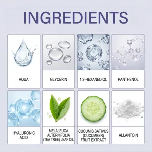 Skincare ingredients infographic showing water glycerin hyaluronic acid and plant extracts detailed view