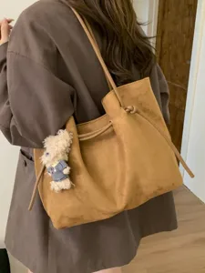 Retro brown faux suede large capacity tote bag with drawstring and cute bear charm
