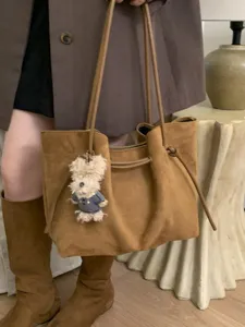 Vintage brown suede large capacity tote bag with drawstring and cute dog charm for commute