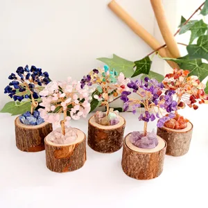 Natural Crystal Tree of Life Tabletop Ornament Handwoven Wire Money Tree With Wood Stump Base For Home Office Decor