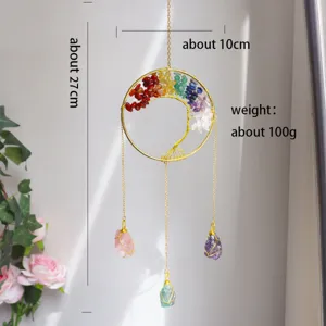 Detailed view of handmade rainbow tree of life suncatcher with size and weight info