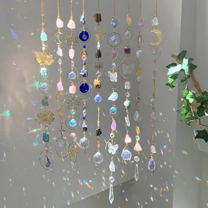 Handmade Natural Crystal Stone Suncatcher Wind Chime Dreamy Rainbow Maker Moon Lotus Hanging Ornament For Home Garden Decor