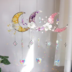 Bloem Maan Natuursteen Kristal Zonnevanger Maanvorm Hangend Ornament Regenboog Prisma Maker Boheems Huisdecoratie Cadeau