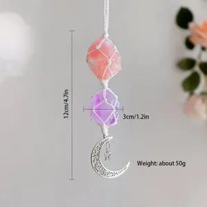 Handgefertigter Kristallanhänger aus Amethyst und Rosenquarz mit Silbermond und Stern