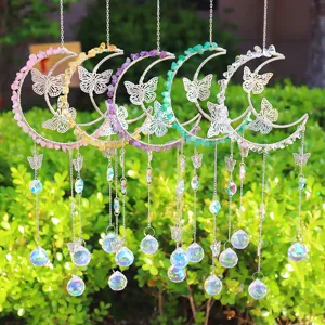 Farfalla Luna Pietra Naturale Cristallo Acchiappasole Decorazione Sospesa Filo Argento Avvolto Sfera di Cristallo Prisma