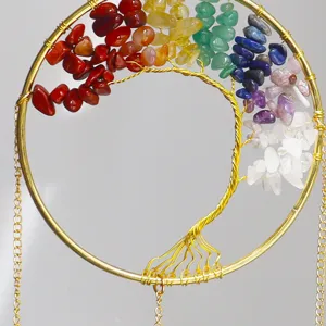 Handmade Tree of Life suncatcher with rainbow chakra crystal chips and gold wire ornament